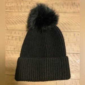 Black Cuff Rib Knit Beanie with Faux Fur Pom Pom